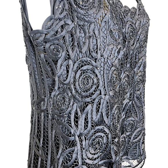 Soulmates Silk Whimsigoth Beaded Crochet Sleeveless Top Soutache Navy Satin sz S - Picture 3 of 16
